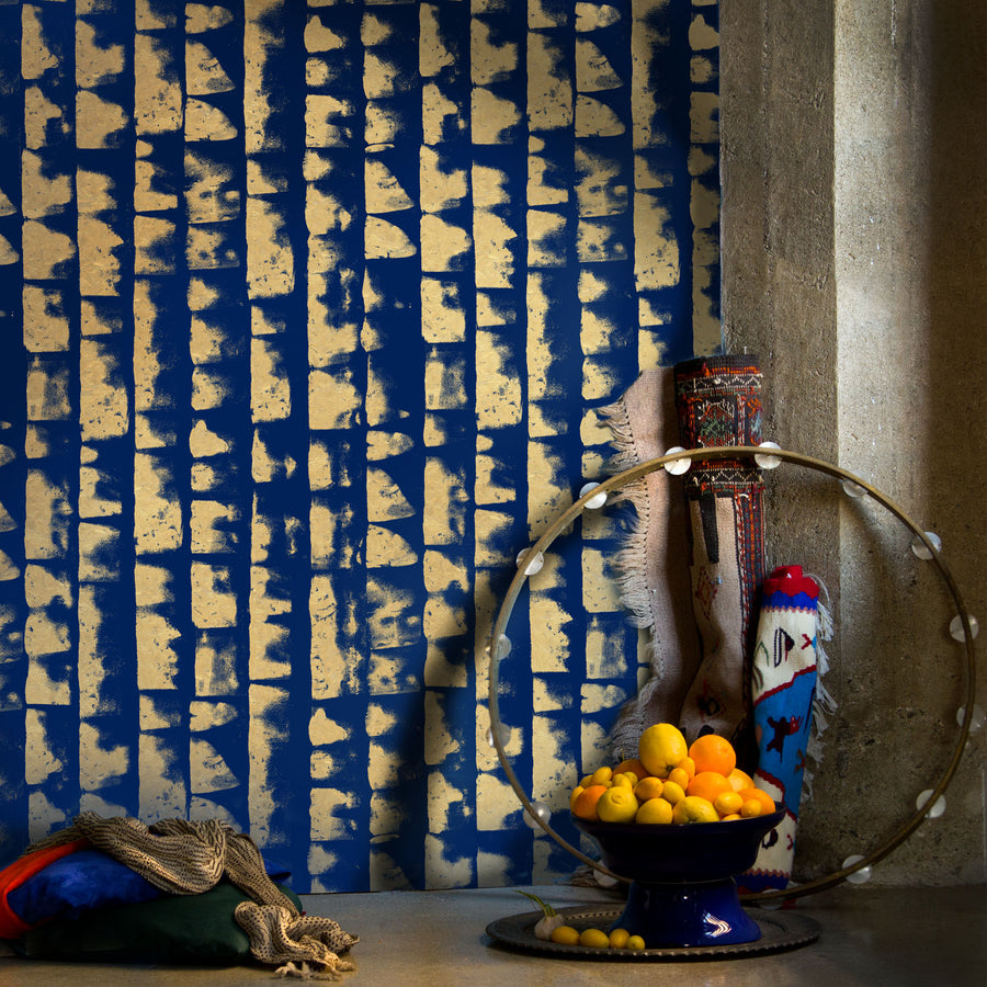 Shibori Wallpaper, Metallic Gold on Azurite Blue