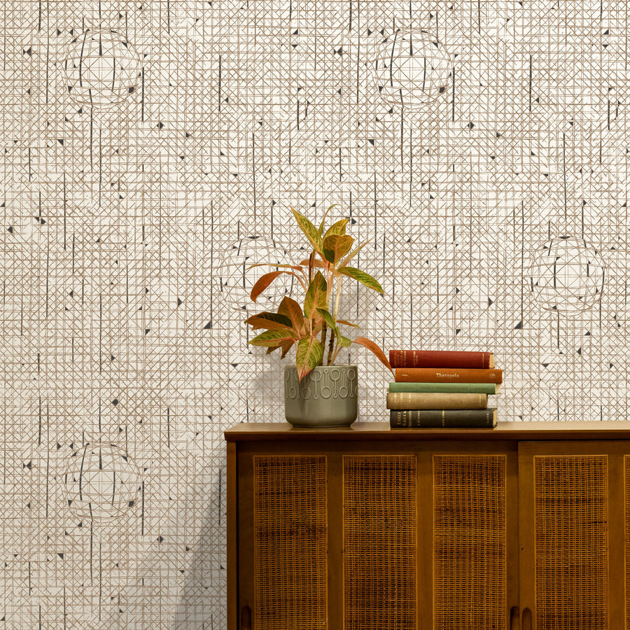 Pressed Cane Wallpaper, Fawn Brown & Charcoal on Greige