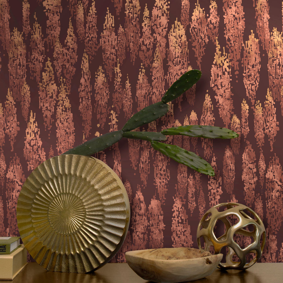 Rainbow Eucalyptus Wallpaper, Dusty Rose with Metallic Gold on Aubergine