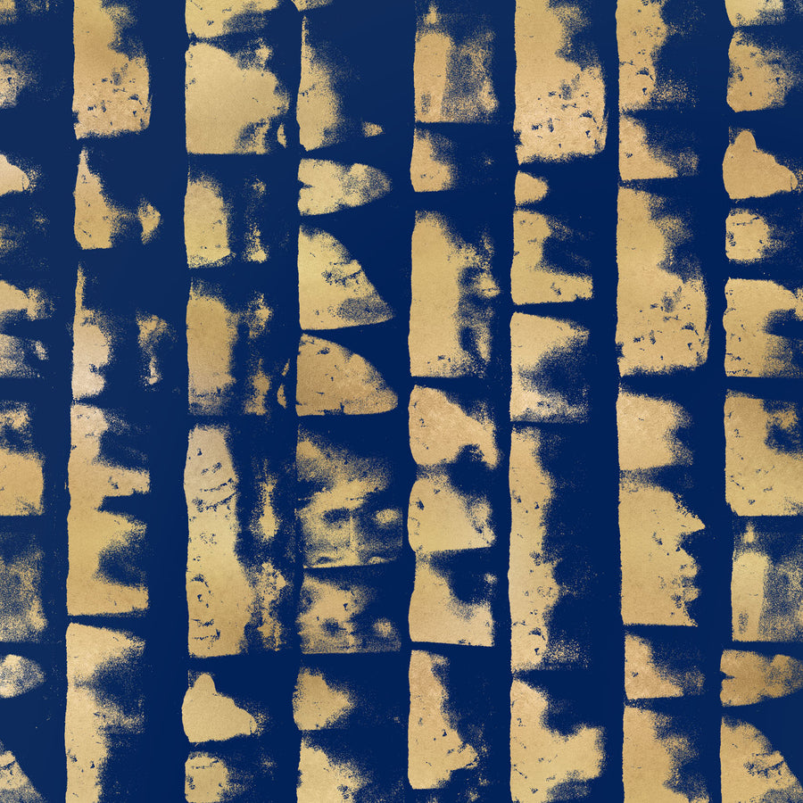 Shibori Banding Wallpaper, Metallic Gold on Azurite Blue